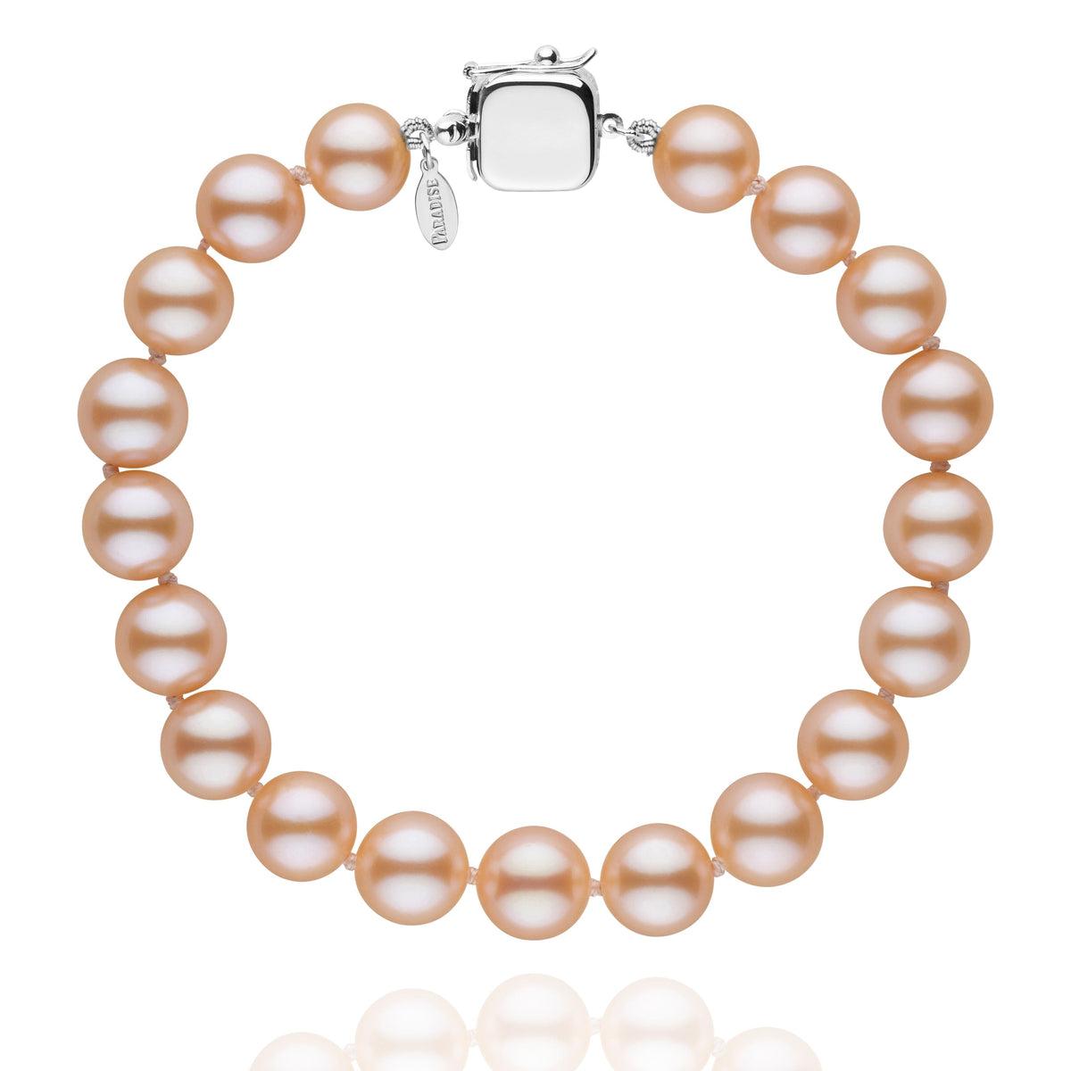 Personalized 8.5-9.0 mm Pink to Peach Freshadama Freshwater Pearl Square Clasp Bracelet featuring lustrous round pearls with a polished square 14K white gold clasp.