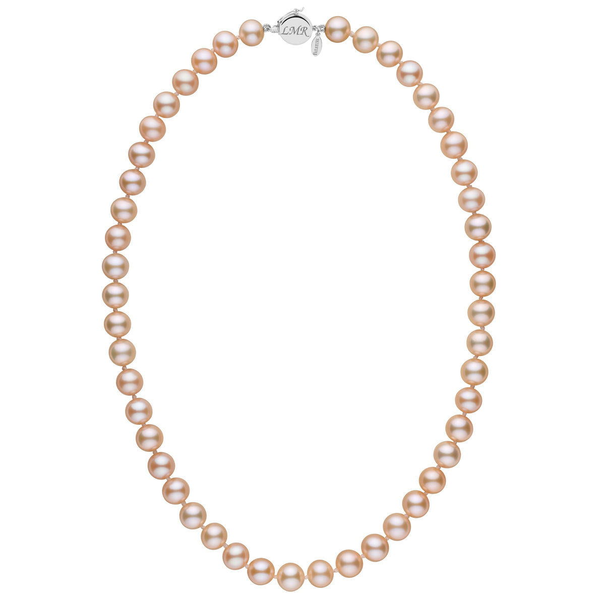 Personalized 8.5-9.0 mm Pink to Peach Freshadama Freshwater Pearl Circle Clasp Necklace featuring lustrous round pearls with a sleek 14K white gold circle clasp for elegant everyday wear.