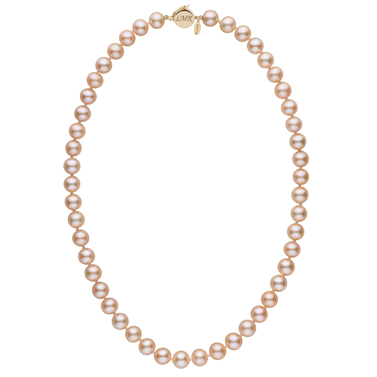 Personalized 8.5-9.0 mm Pink to Peach Freshadama Freshwater Pearl Circle Clasp Necklace featuring a strand of lustrous pink to peach freshwater pearls with a gold circle clasp and engraved charm.