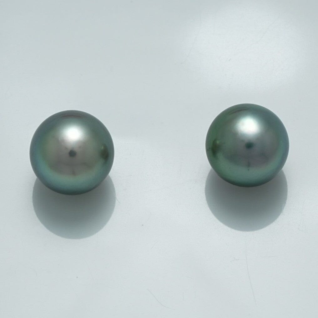 10.7 x 10.5 mm and 10.4 x 10.4 mm Fijian Pearl Pair featuring lustrous dark green hues and smooth round shape, ideal for fine pearl jewelry collections.