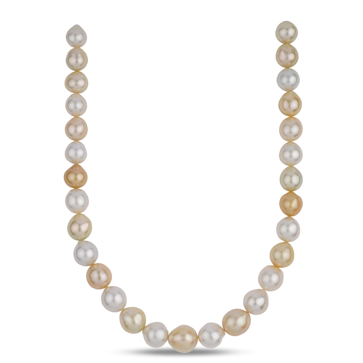 12.0–15.5 mm AAA White and Golden South Sea Semi-Baroque Pearl Necklace showcasing large, lustrous semi-baroque pearls in white and golden hues with a natural sheen.
