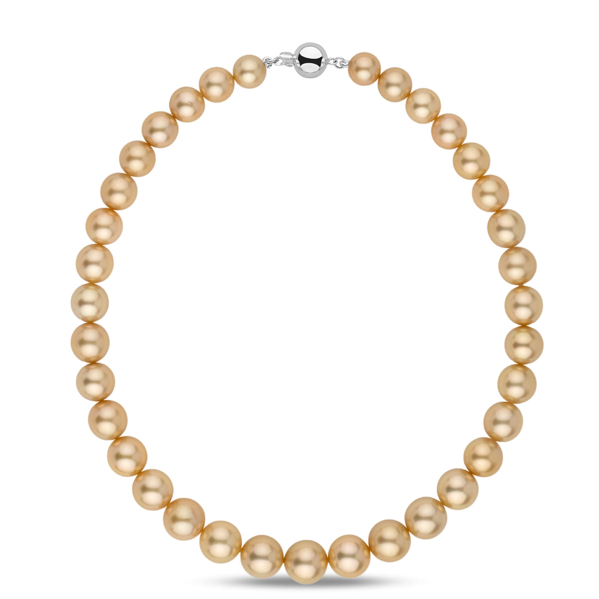 10.0–13.2 mm AA+/AAA Golden South Sea Round Pearl Necklace featuring lustrous golden pearls with a 14K white gold clasp, perfect as a timeless cultured pearl necklace for elegant occasions.