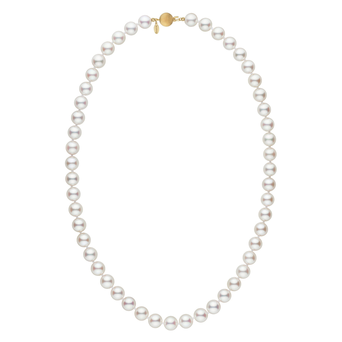 8.0-8.5 mm 18 inch White Hanadama Akoya Pearl Necklace featuring lustrous white akoya pearls with a gold clasp, perfect for elegant and timeless style.