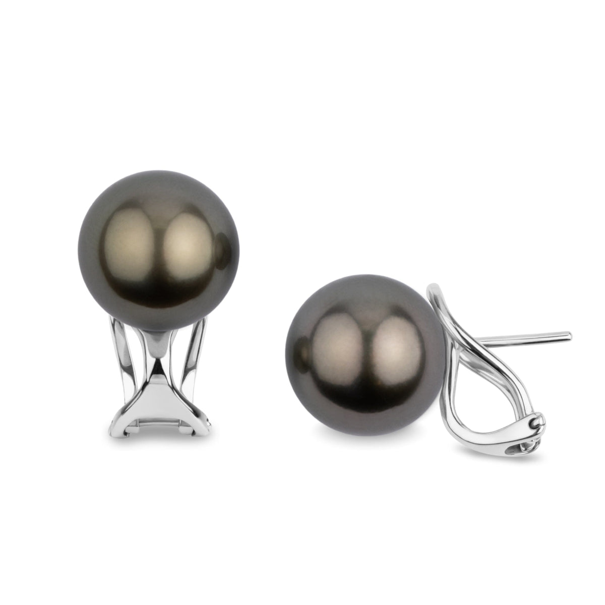 10.0-11.0 mm Tahitian Pearl Hinge-Back Stud Earrings featuring lustrous dark Tahitian pearls set on sleek white metal hinge-back settings for secure and elegant wear.