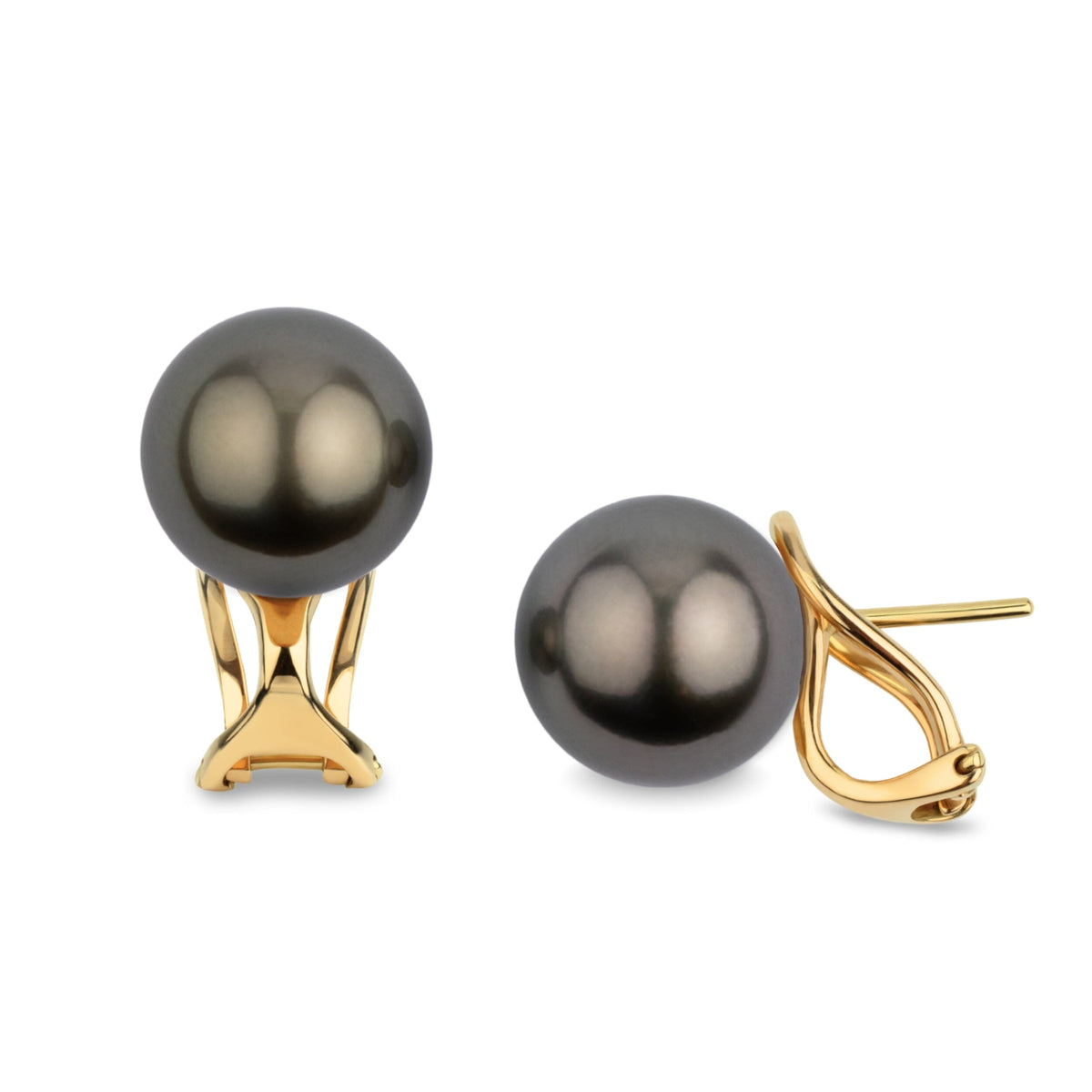 10.0-11.0 mm Tahitian Pearl Hinge-Back Stud Earrings featuring lustrous black Tahitian pearls set in elegant yellow gold hinge-back settings.