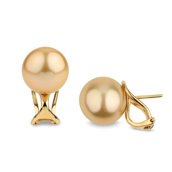 11.0-12.0 mm Golden South Sea Pearl Hinge-Back Stud Earrings featuring lustrous golden pearls set on elegant gold hinge-back studs, perfect for timeless style and sophistication.