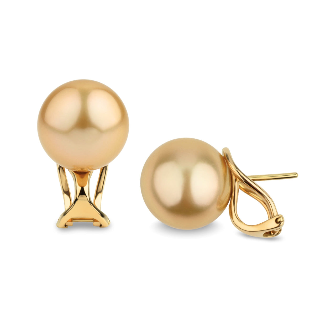 12.0-13.0 mm Golden South Sea Pearl Hinge-Back Stud Earrings featuring large, luminous golden South Sea cultured pearls set on polished gold hinge-back studs.