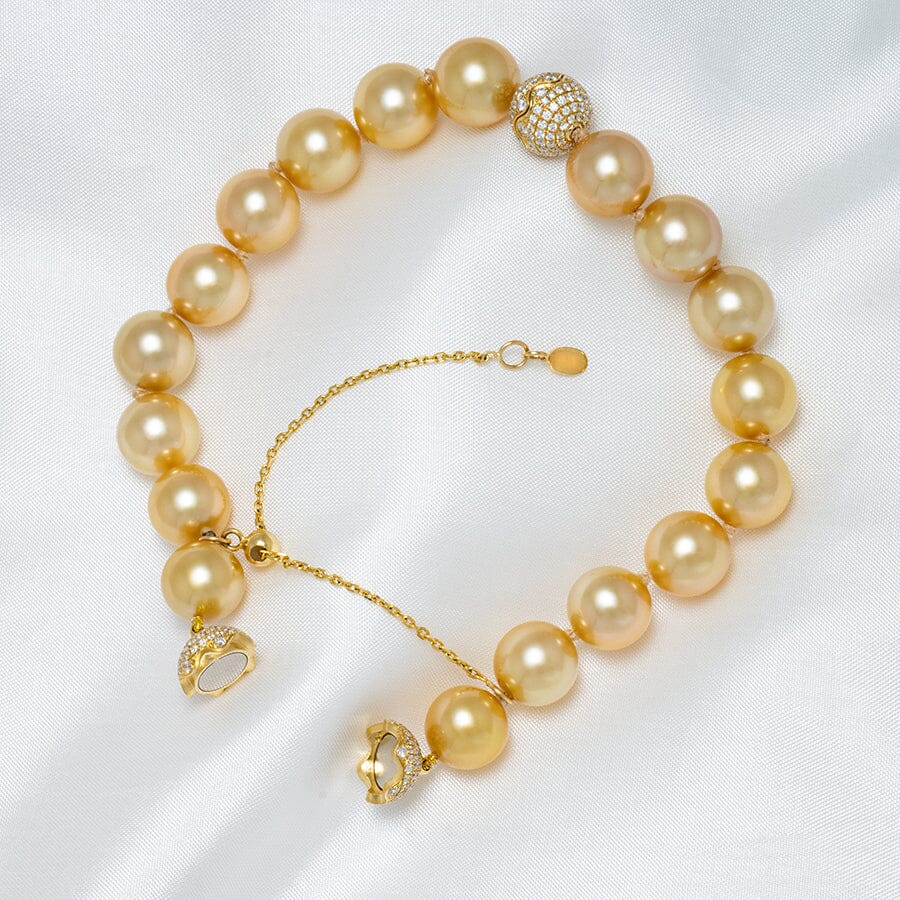 9.0-10.0 mm AAA Round Adjustable Golden South Sea Pearl and Diamond Bracelet, view 2
