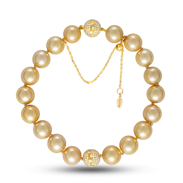 9.0-10.0 mm AAA Round Adjustable Golden South Sea Pearl and Diamond Bracelet
