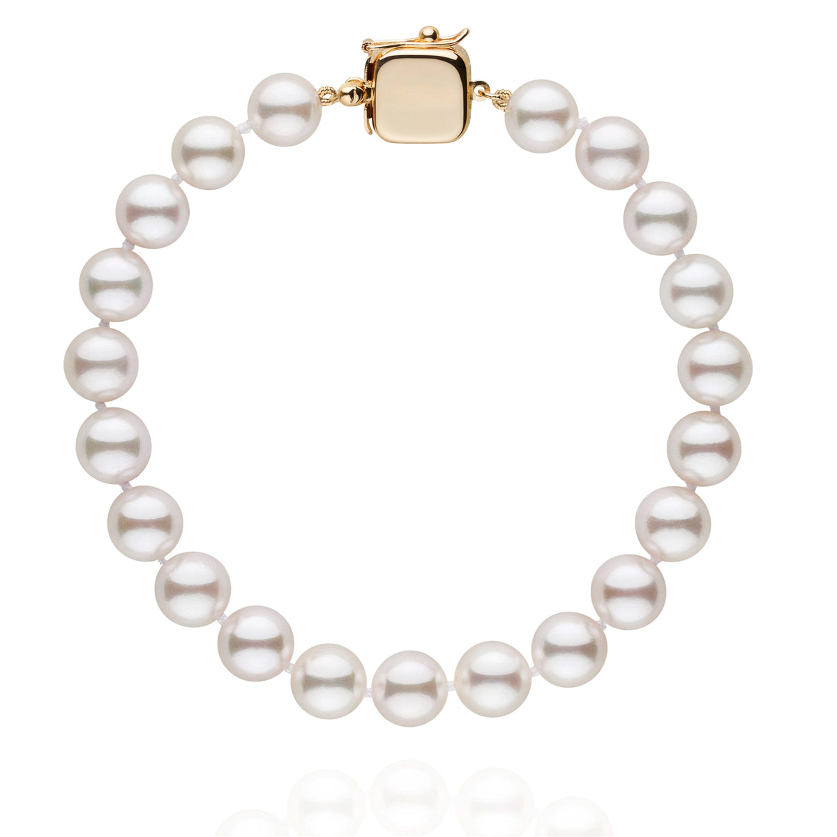 Personalized 7.5-8.0 mm AAA Akoya Pearl Square Clasp Bracelet featuring a strand of lustrous white akoya pearls with a polished yellow gold square clasp.