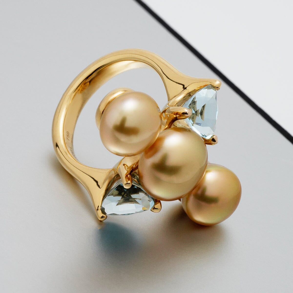 7.5-10.6 mm South Sea Keshi and Aquamarine Ring