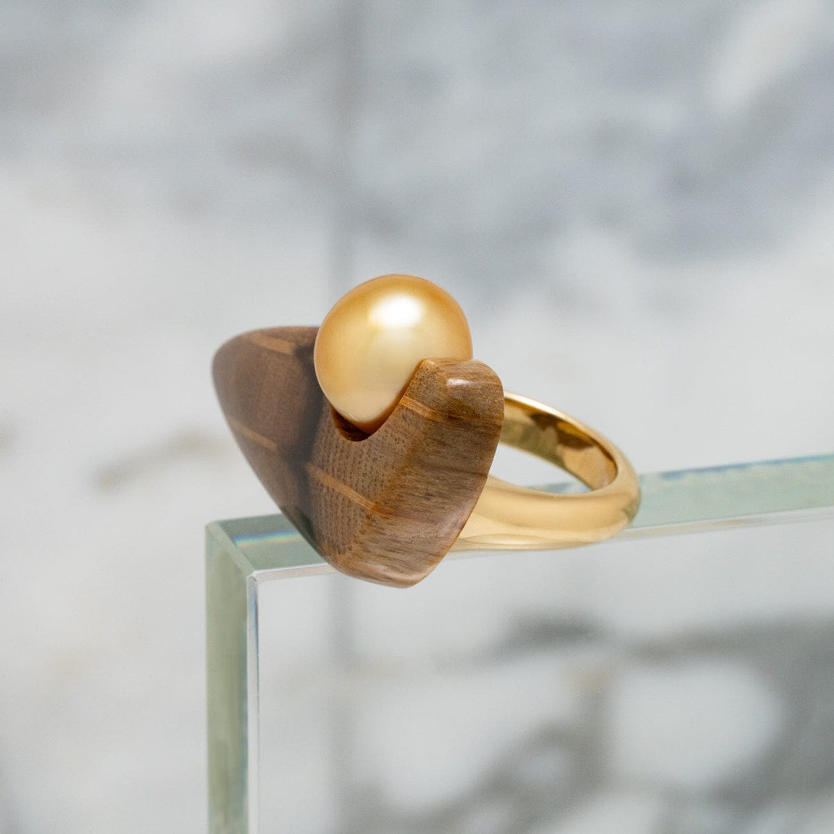 Assael Collection: 11.7 x 10.7 mm Golden South Sea Pearl and Petrified Wood Ring