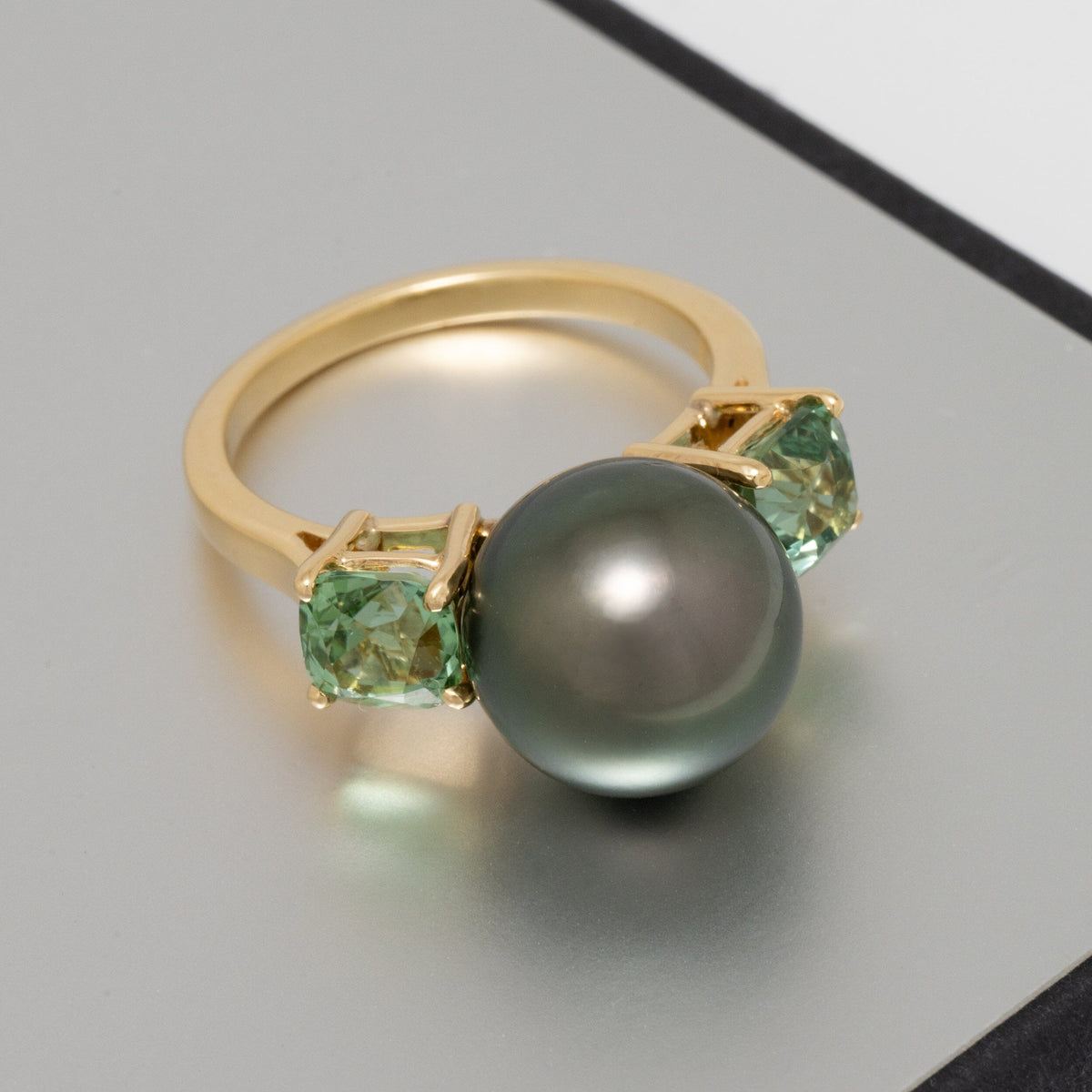 Assael Collection: 11.6 x 11.5 mm Tahitian Pearl and Mint Green Garnet Ring