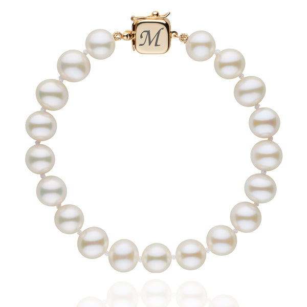 Personalized 8.5-9.0 mm AAA White Freshwater Pearl Square Clasp Bracelet