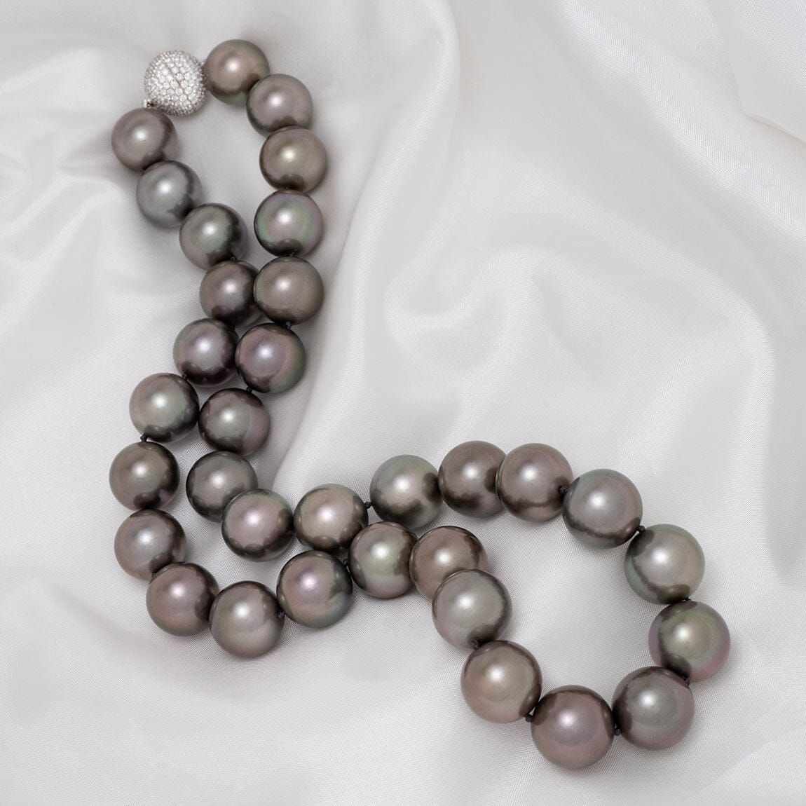 15.0–16.0 mm round Tahitian pearl and diamond necklace on silk