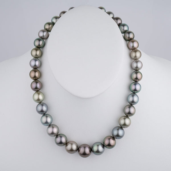 12.5–16.5 mm round multicolor Tahitian pearl necklace on bust