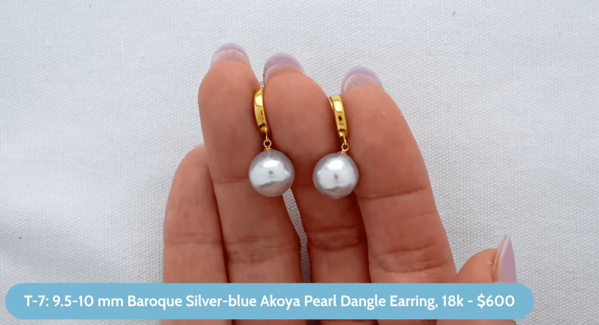 T-7: 9.5-10 mm Baroque Silver-blue Akoya Pearl Dangle Earring, 18k