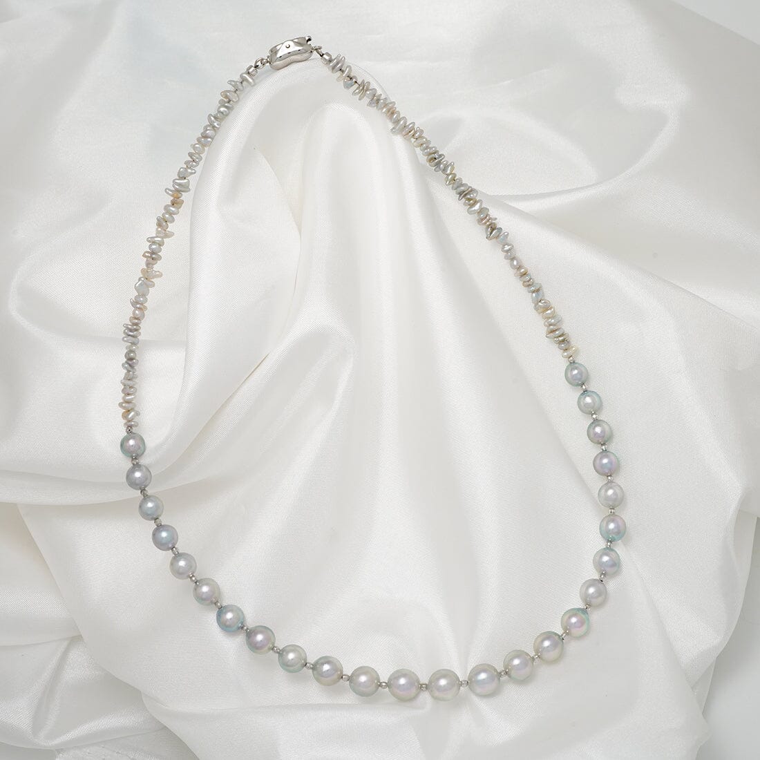 T-25: 7.5-8 mm Near Round Blue Akoya and Keshi Pearl Necklace, 17", 18k & SS – $700