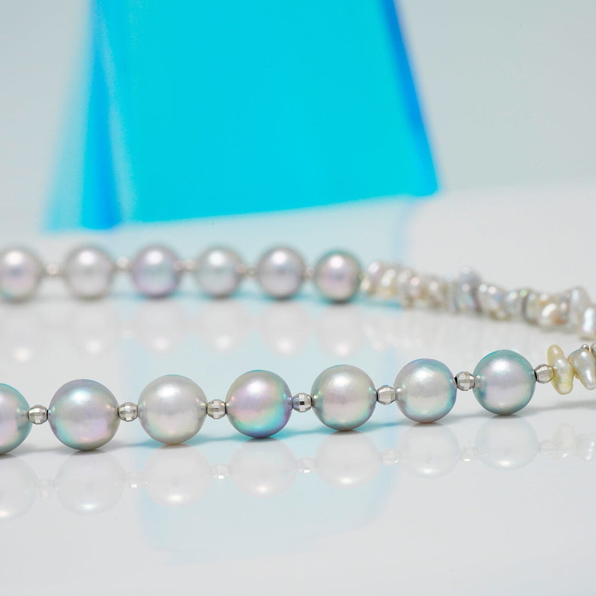 T-25: 7.5-8 mm Near Round Blue Akoya and Keshi Pearl Necklace, 17", 18k & SS – $700, view 3
