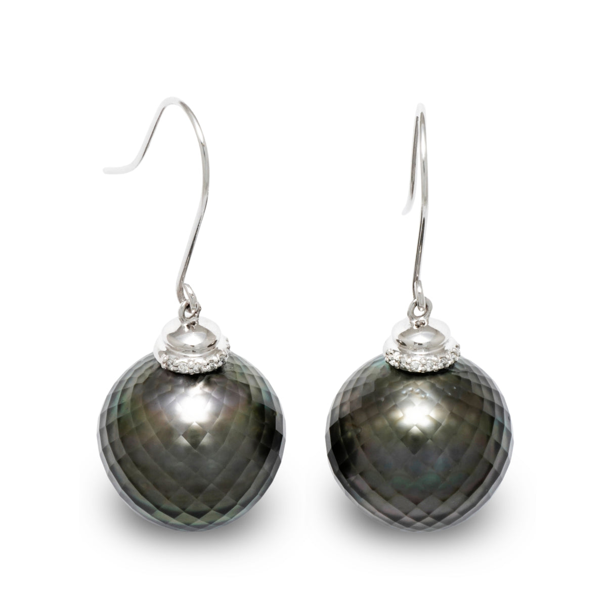 15.0-16.0 mm Faceted Tahitian Pearl and Diamond Earrings