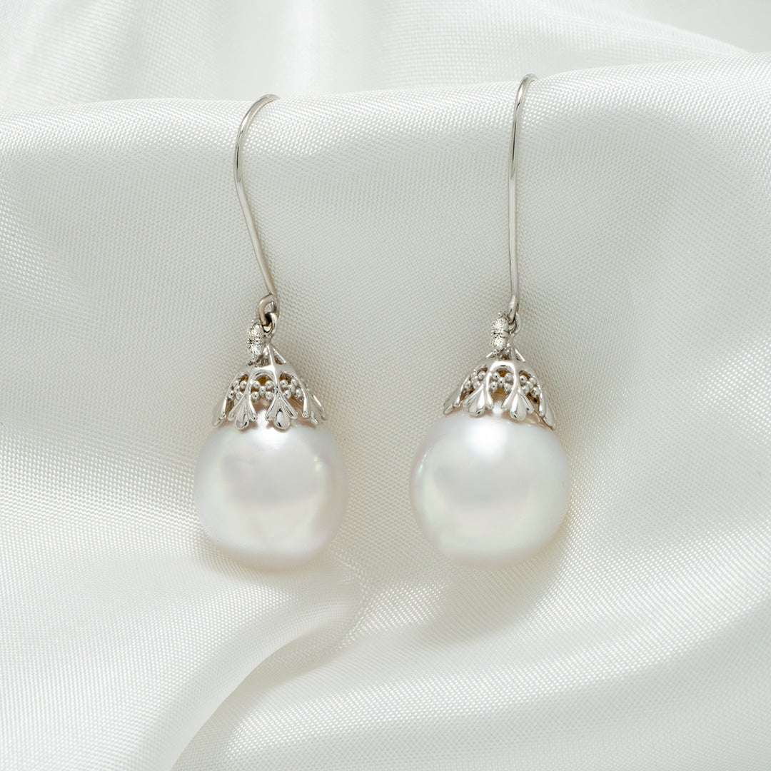 12.0 mm White South Sea Drop Pearl and Diamond Earrings