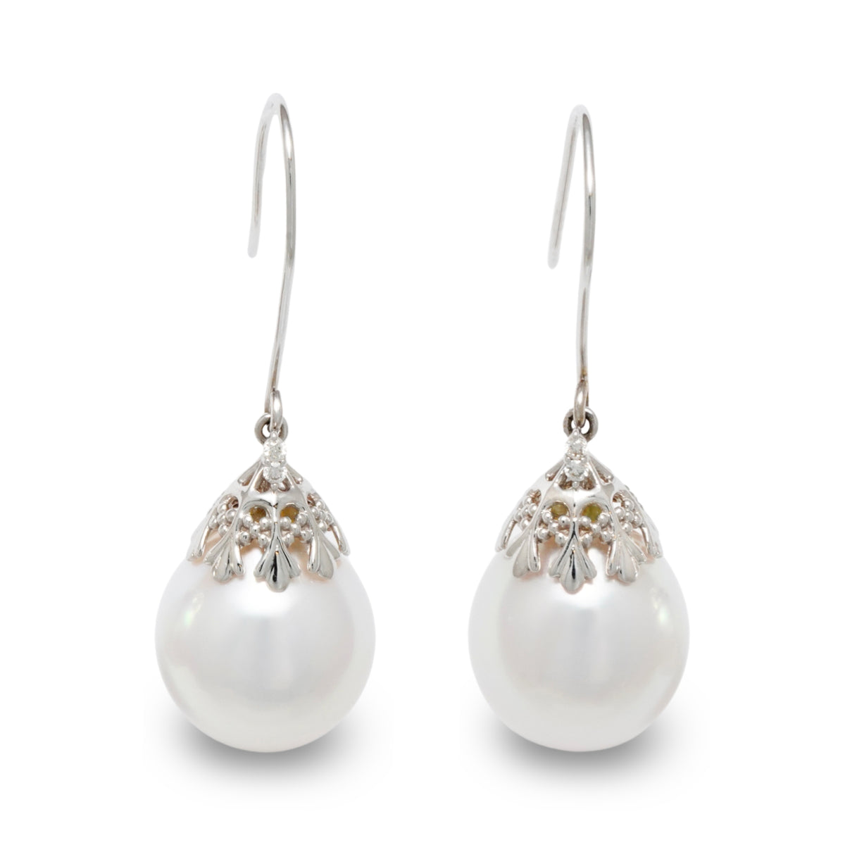 12.0 mm White South Sea Drop Pearl and Diamond Earrings