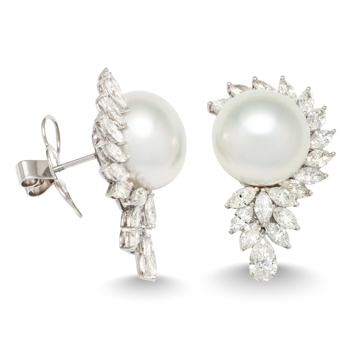 15.0-16.0 mm White South Sea Pearl and Diamond Earrings