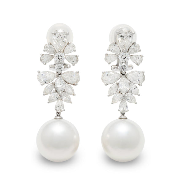 14.0-15.0 mm White South Sea Pearl and Diamond Earrings