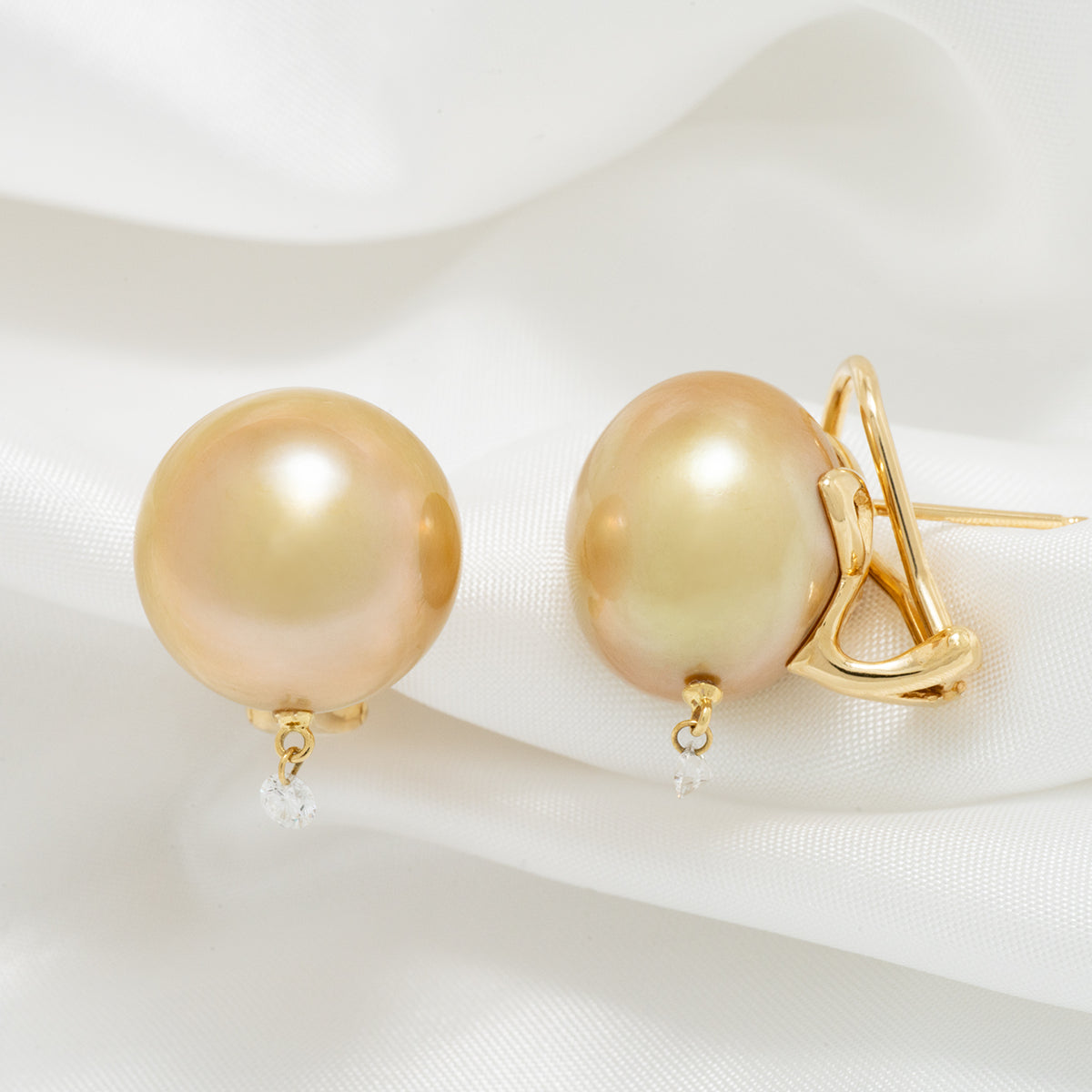 15.0-16.0 mm Golden South Sea Pearl and Diamond Earrings