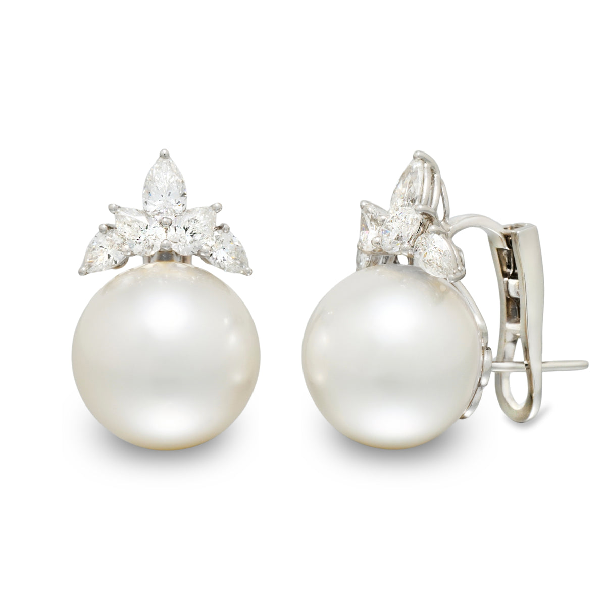14.0-15.0 mm White South Sea Pearl and Diamond Earrings