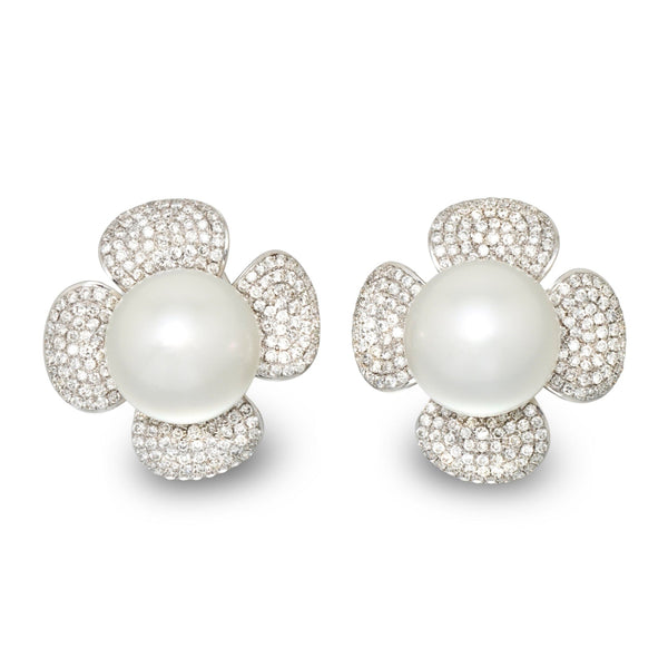 13.0-14.0 mm White South Sea Pearl and Diamond Flower Earrings