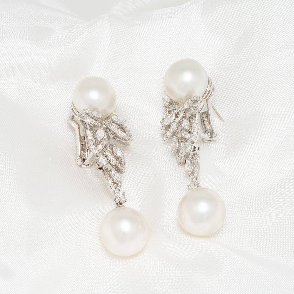 14.0-15.0 mm White South Sea Pearl and Diamond Earrings