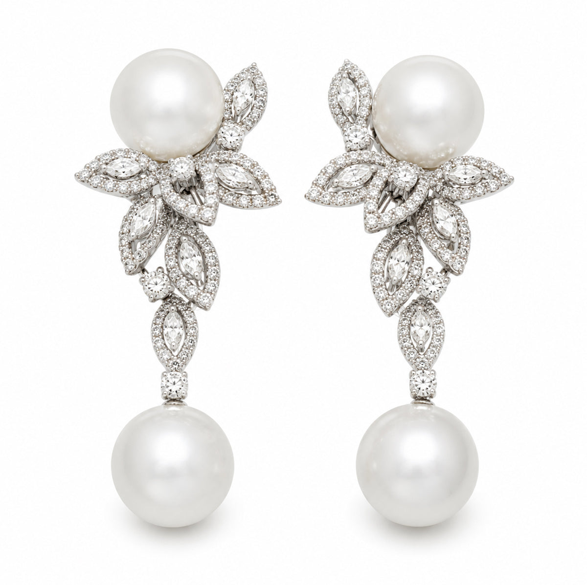 14.0-15.0 mm White South Sea Pearl and Diamond Earrings