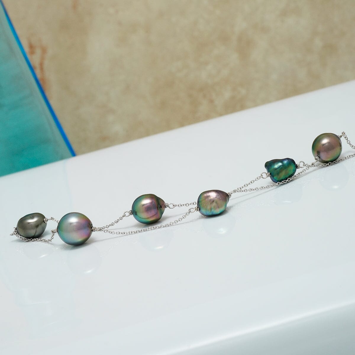 TC-11: 8.0-10.5 mm Tahitian Keshi and Drop Tin Cup Pearl Necklace livestream, view 2