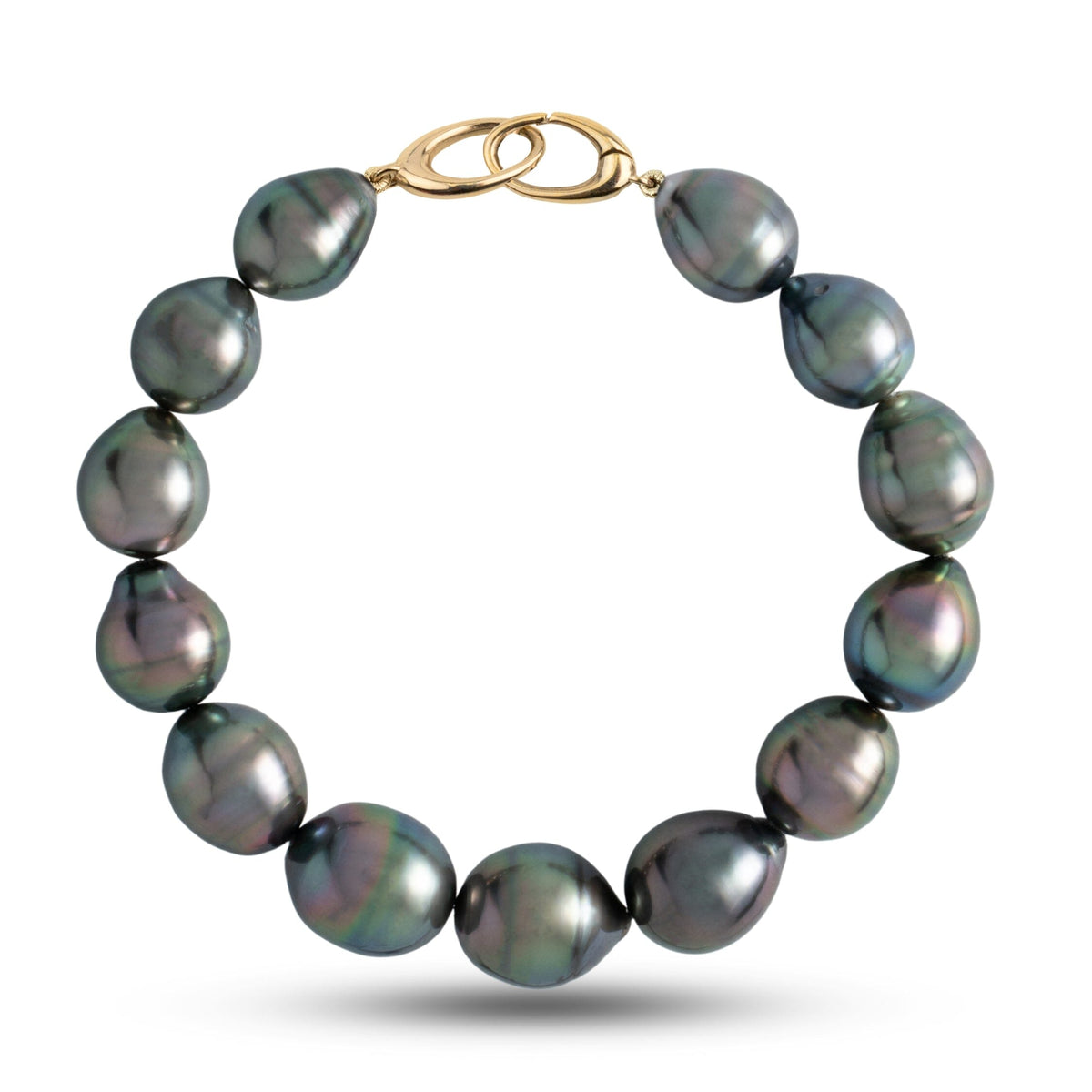 10.1-12.1 mm AA+/AAA Drop Tahitian Pearl Bracelet with a 14K yellow gold orbit clasp