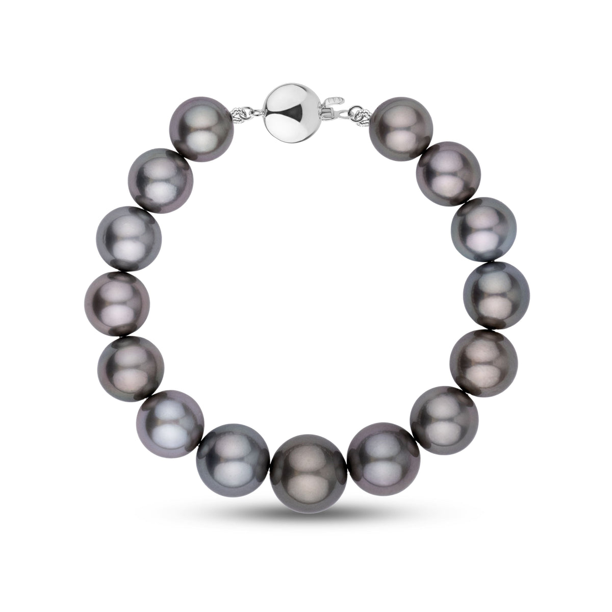 This bracelet features round AA+/AAA Tahitian pearls measuring 11.0–13.3 mm. The pearls display a dark gunmetal gray body color with smooth surfaces and sharp, reflective luster – white gold ball clasp
