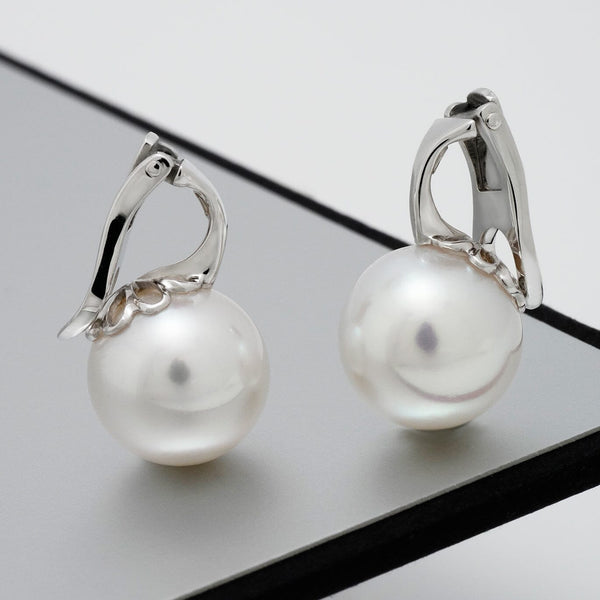 Assael Collection: 11.9 mm South Sea Pearl Earrings featuring lustrous white South Sea pearls set in elegant polished 14K white gold clasps, showcasing timeless sophistication and fine craftsmanship.
