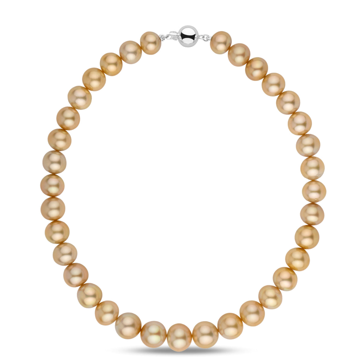 12.0–14.7 mm AA+/AAA Golden South Sea Round Pearl Necklace featuring lustrous, golden-hued south sea pearls strung with a polished 14K white gold clasp, perfect for elegant occasions.