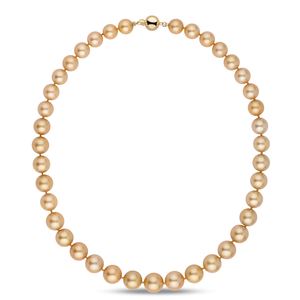 8.4–11.6 mm AA+/AAA Round Golden South Sea Pearl Necklace featuring lustrous, golden cultured pearls strung with a gold clasp for an elegant and timeless look.