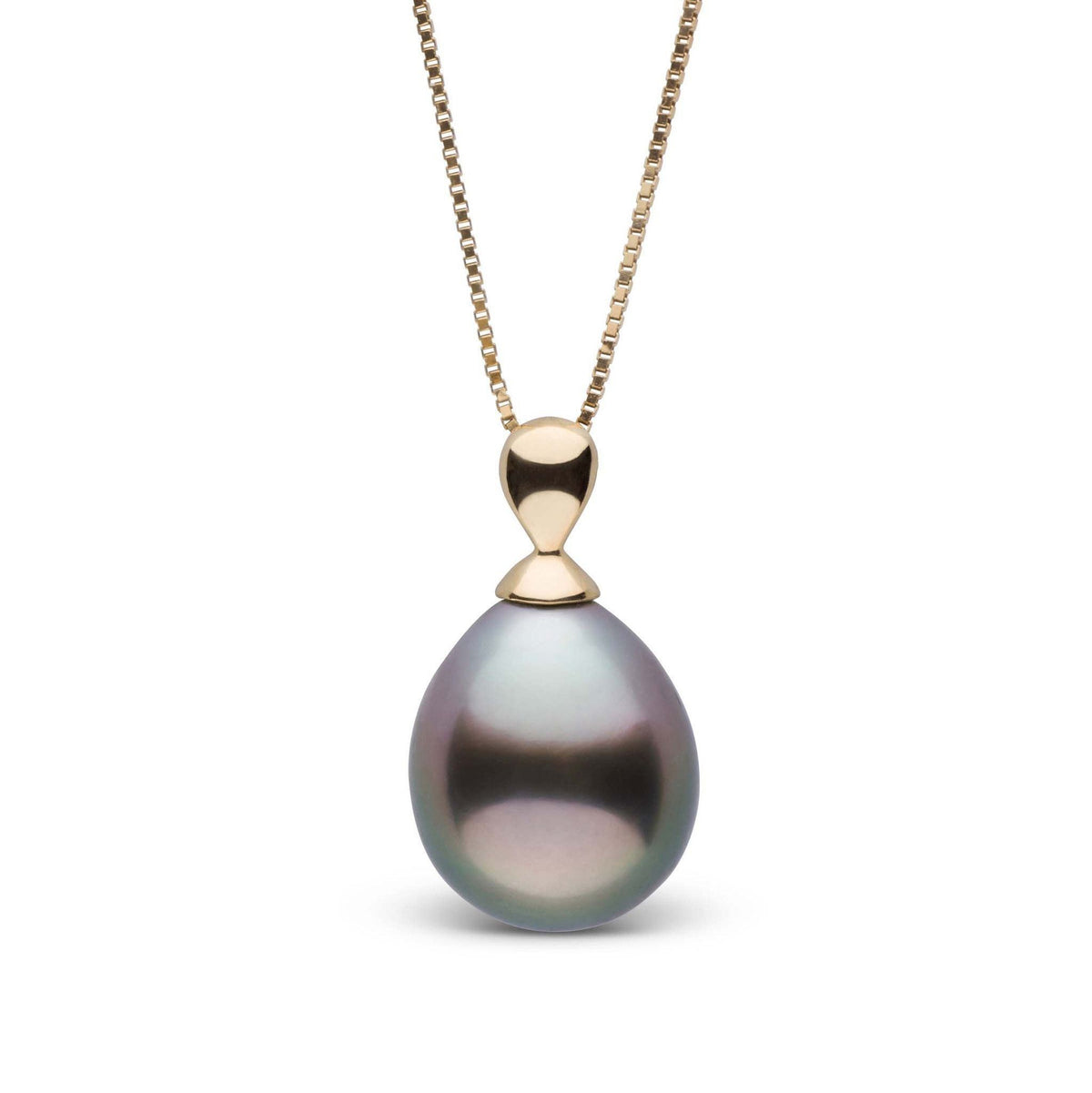 Dew Collection 10.0-11.0 mm Tahitian Drop Pearl Pendant featuring a lustrous dark Tahitian pearl with subtle iridescent hues, set on a delicate gold chain.