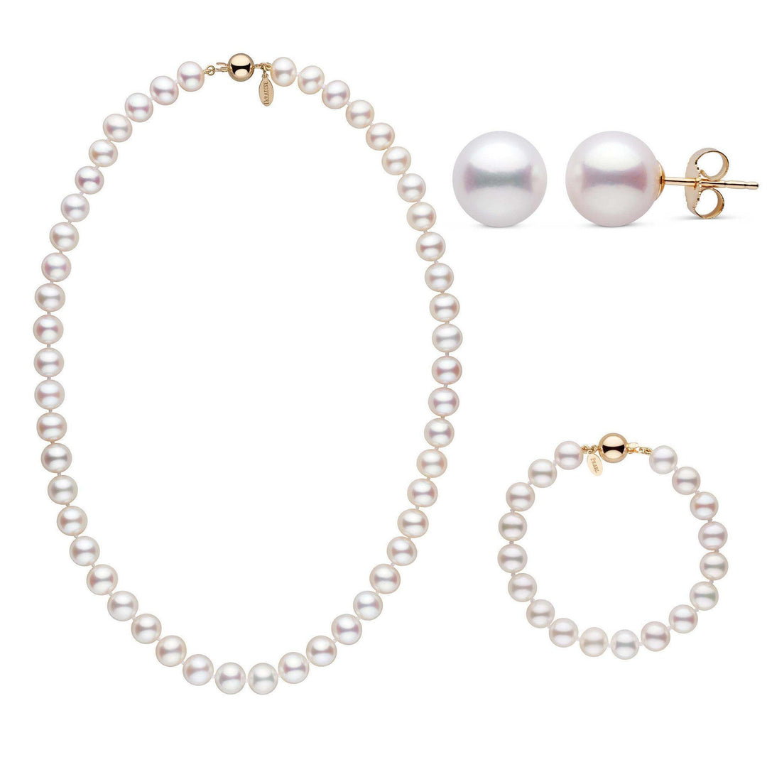 18 Inch 3 Piece 8.5-9.0 mm White Freshadama Freshwater Pearl Set in yellow gold