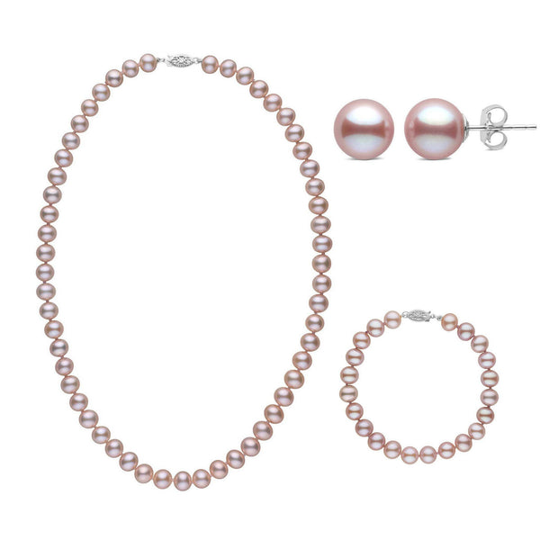 3-Piece Set of 7.5-8.0 mm AA+ Lavender Freshwater Pearls featuring a pearl necklace, matching bracelet, and stud earrings in soft lavender hues with sterling clasps.