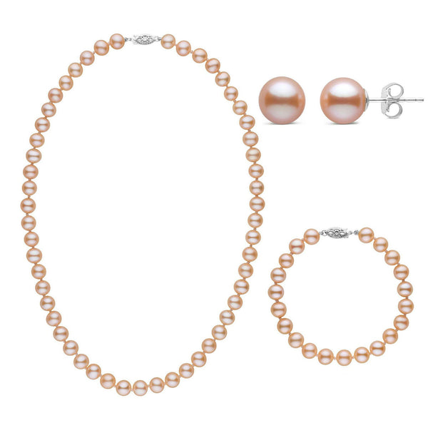 3-Piece Set of 7.5-8.0 mm AAA Pink Freshwater Pearls featuring a pearl necklace, matching bracelet, and stud earrings with smooth, lustrous pink freshwater pearls.
