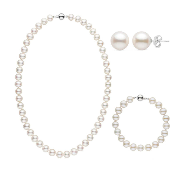 3-Piece Set of 8.5-9.0 mm White AA+ Freshwater Pearls featuring a classic pearl necklace, matching bracelet, and stud earrings with lustrous white freshwater pearls.