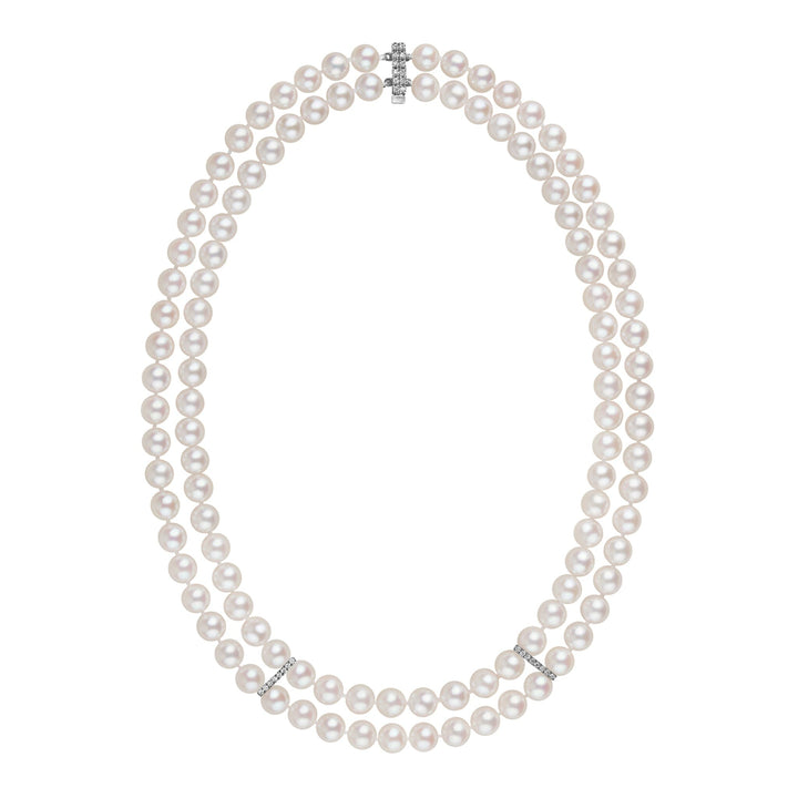 7.0-7.5 mm Double Strand White AAA Akoya Pearl and Diamond Necklace