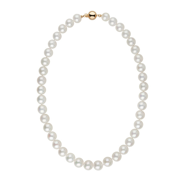 10.0-11.0 mm 18 Inch AAA White Freshwater Pearl Necklace featuring lustrous round pearls with a gold clasp, perfect for elegant and timeless style.