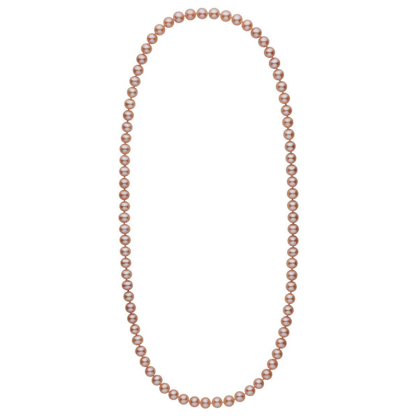 26-inch 7.5-8.0 mm AA+ Pink to Peach Freshwater Pearl Necklace featuring lustrous, round freshwater pearls transitioning from soft pink to peach tones in an elegant strand.