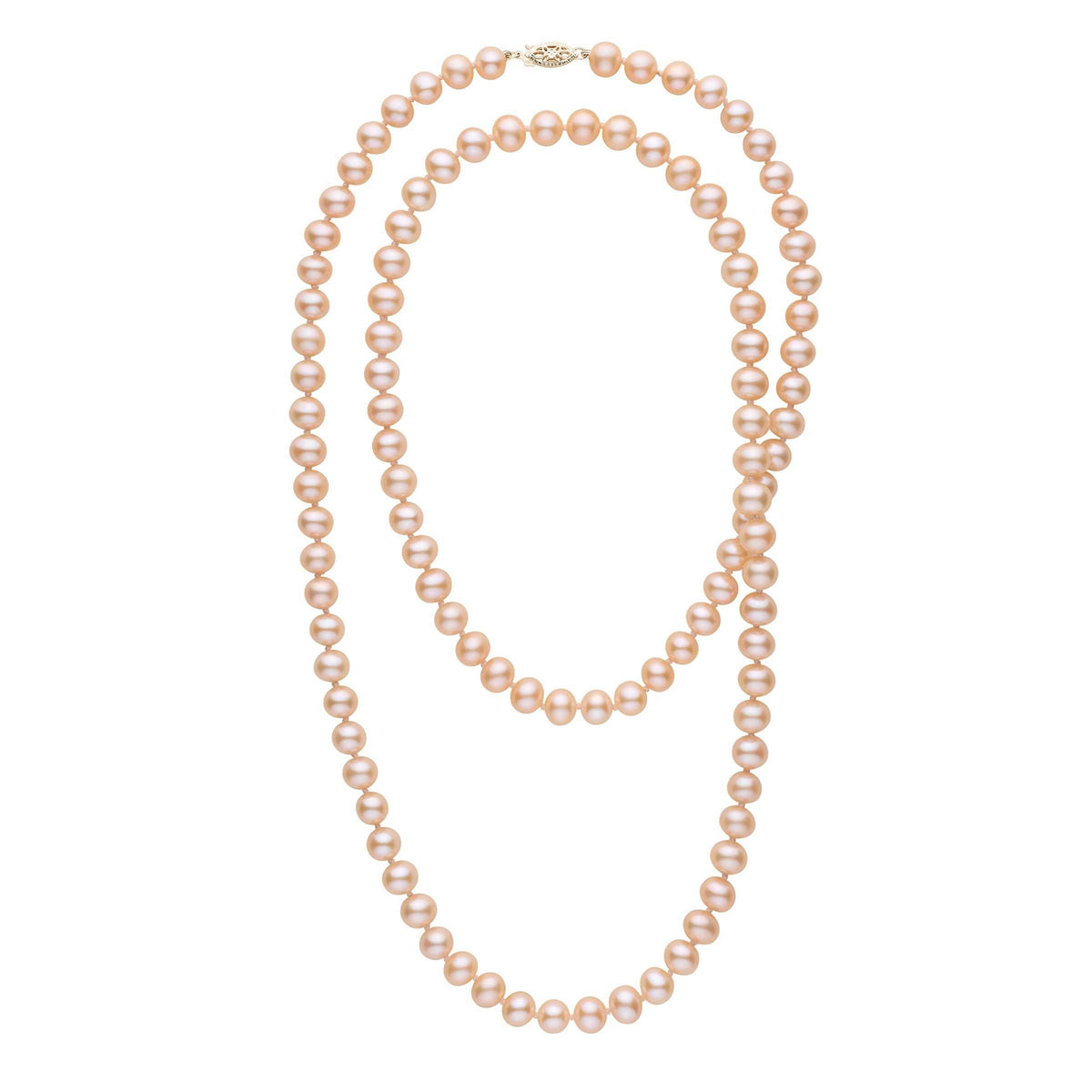 35-inch 7.5-8.0 mm AA+ Pink to Peach Freshwater Pearl Necklace featuring lustrous round pearls with a subtle gradient from soft pink to warm peach tones, elegant and timeless.
