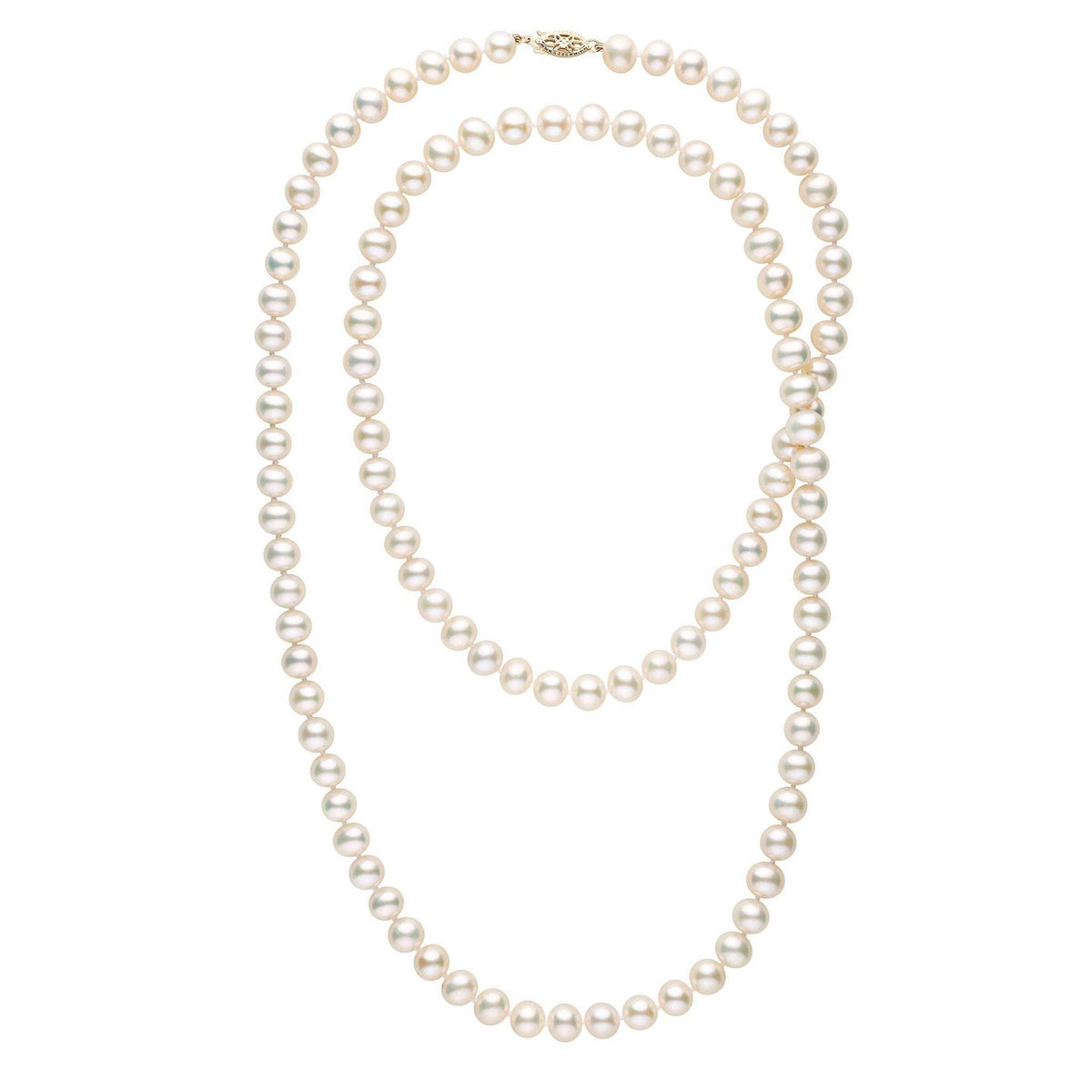 35-inch 7.5-8.0 mm AAA White Freshwater Pearl Necklace yellow gold