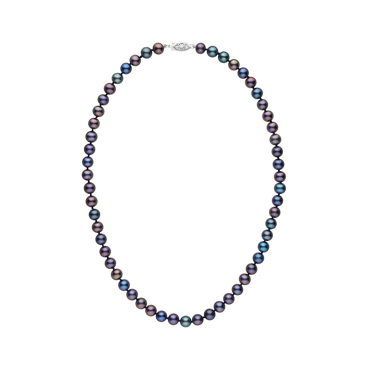 6.5-7.0 mm AAA Black Freshwater Pearl Necklace featuring lustrous dark pearls with subtle iridescent hues, elegantly strung with a 14K white gold clasp for a timeless look.